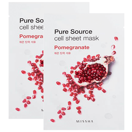 Missha แพ็คคู่สุดคุ้ม!! Pure Source Cell Sheet Mask-Pomegranate 21g x 2 แผ่นมาส์กหน้านุ่มละมุนผิว ช่วยส่งมอบคุณค่าการบำรุงเข้าสู่ผิวได้อย่างมีประสิทธิภาพ ช่วยให้ผิวแลดูกระชับ เนียนเรียบ